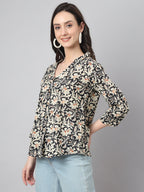 Janasya Women's Black Cotton Floral Print Casual Regular Top