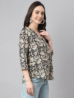 Janasya Women's Black Cotton Floral Print Casual Regular Top