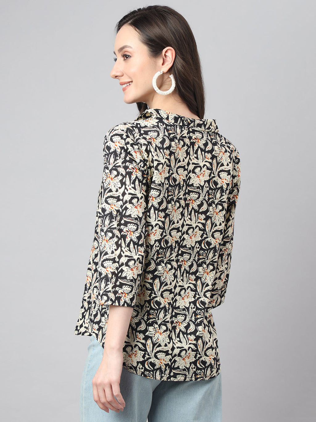 Janasya Women's Black Cotton Floral Print Casual Regular Top