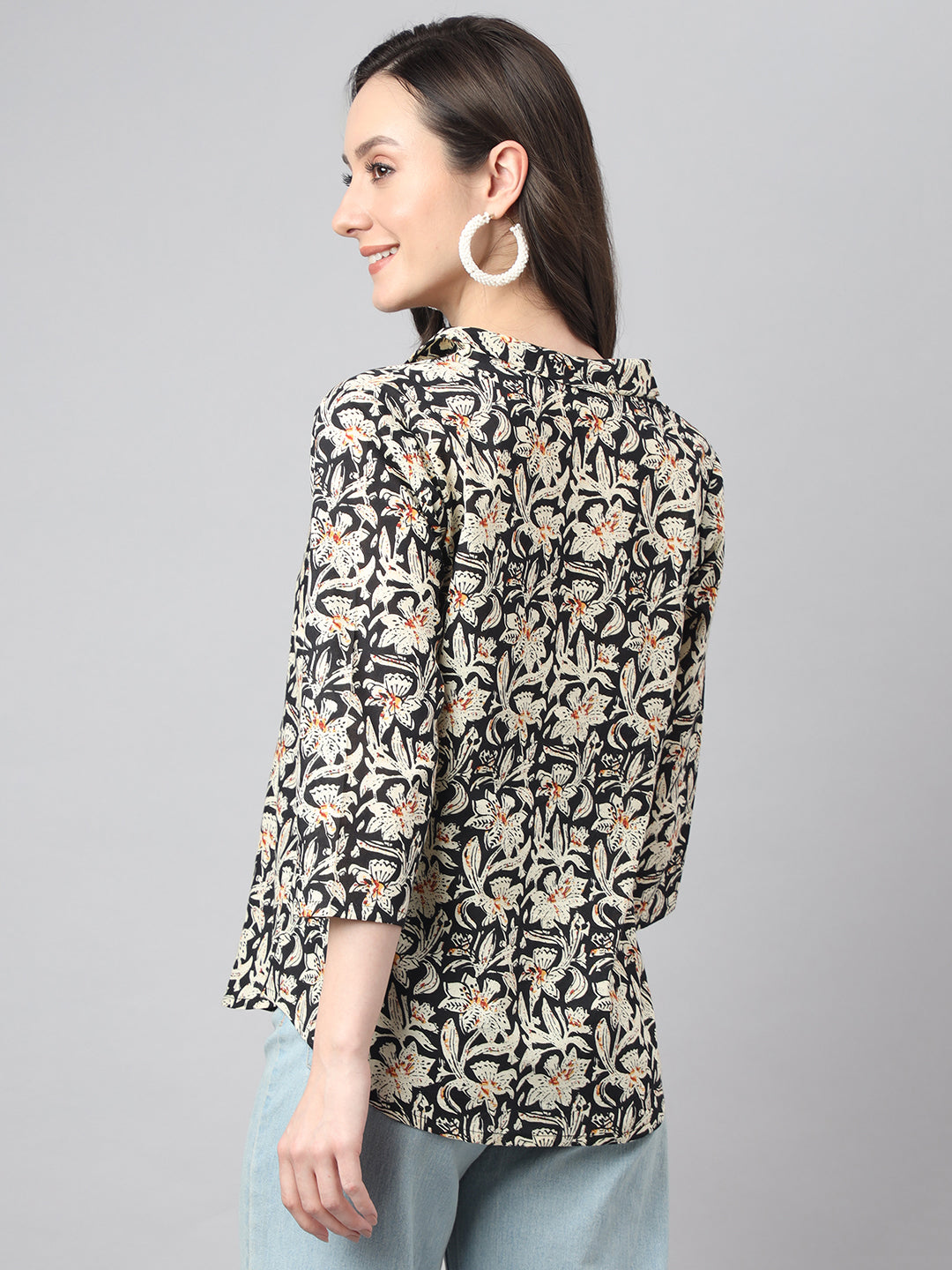 Janasya Women's Black Cotton Floral Print Casual Regular Top