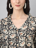 Janasya Women's Black Cotton Floral Print Casual Regular Top