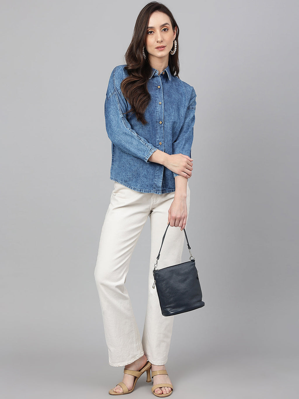 Janasya Women's Blue Denim Solid Shirt Style Top - Distacart