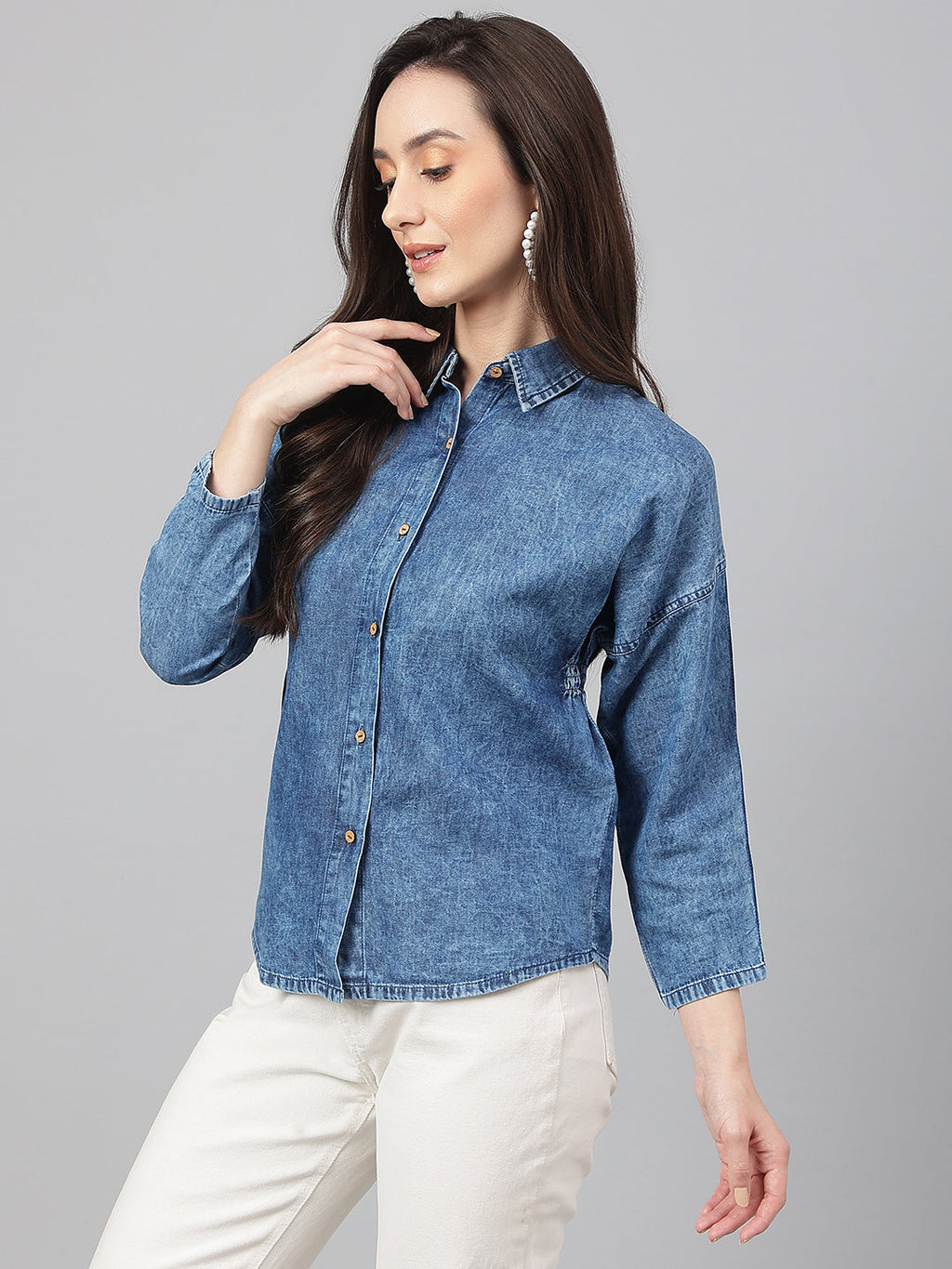 Janasya Women's Blue Denim Solid Shirt Style Top - Distacart