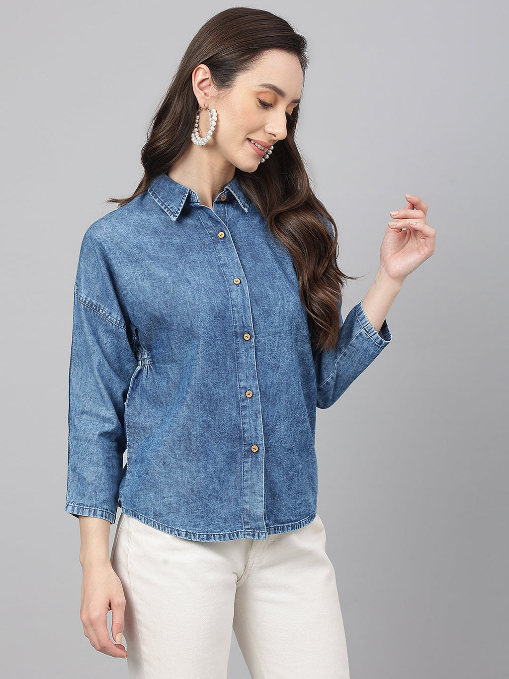Janasya Women's Blue Denim Solid Shirt Style Top - Distacart