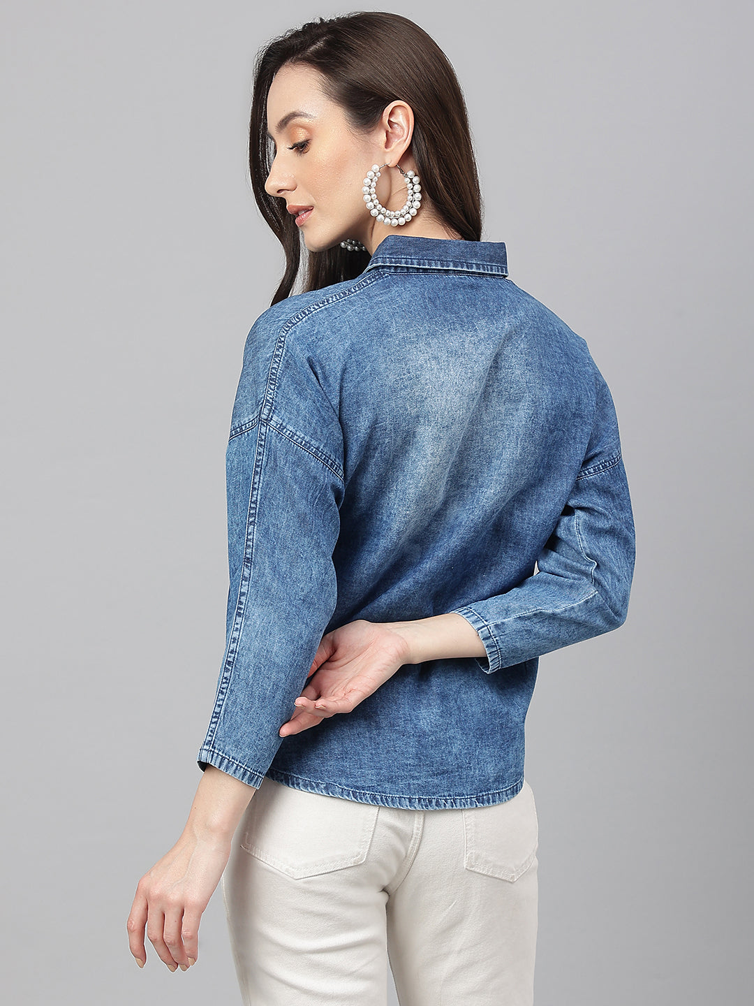 Janasya Women's Blue Denim Solid Shirt Style Top - Distacart