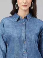 Janasya Women's Blue Denim Solid Shirt Style Top - Distacart