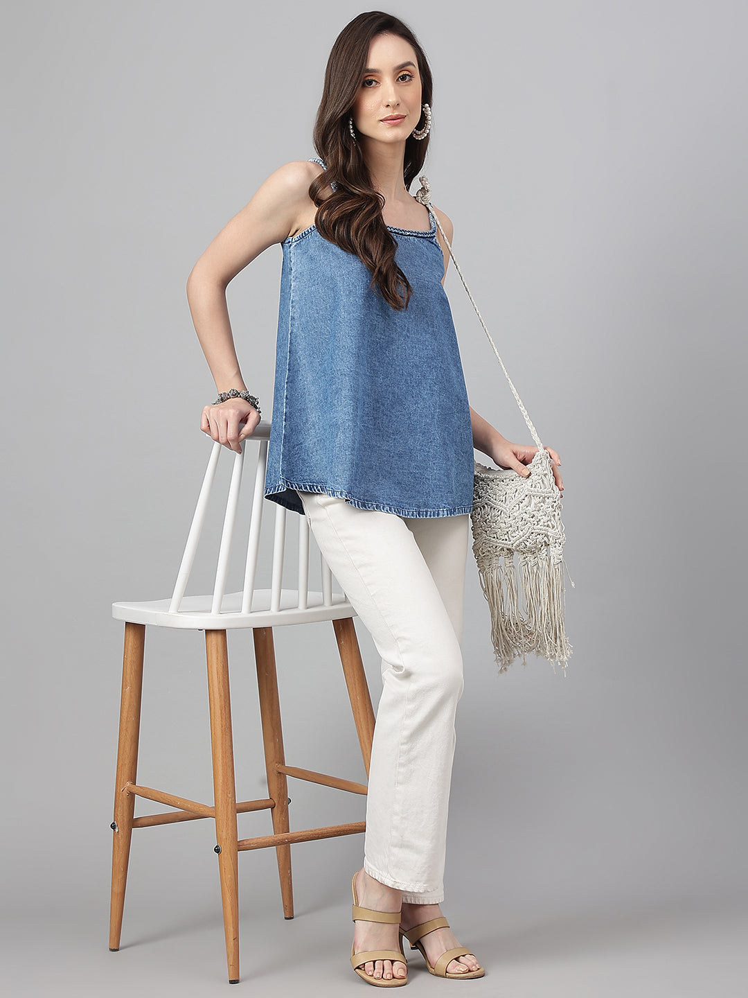 Janasya Women's Blue Denim Solid Regular Top - Distacart
