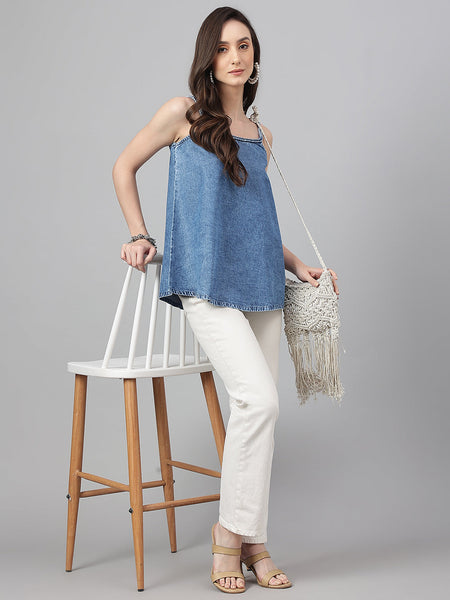 Janasya Women's Blue Denim Solid Regular Top