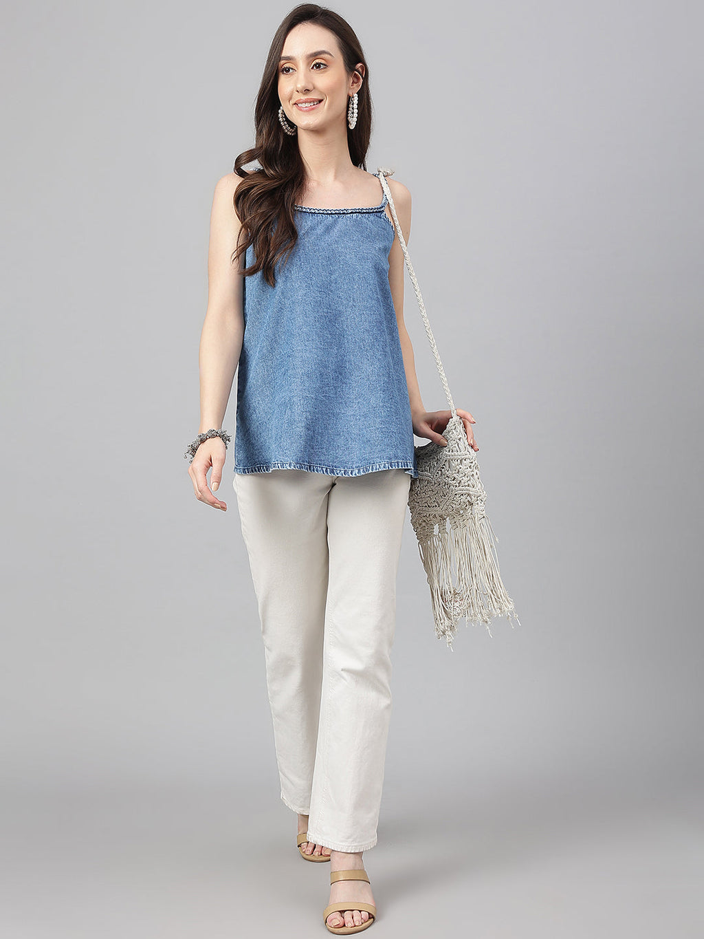 Janasya Women's Blue Denim Solid Regular Top - Distacart