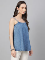 Janasya Women's Blue Denim Solid Regular Top - Distacart