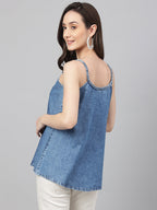 Janasya Women's Blue Denim Solid Regular Top - Distacart
