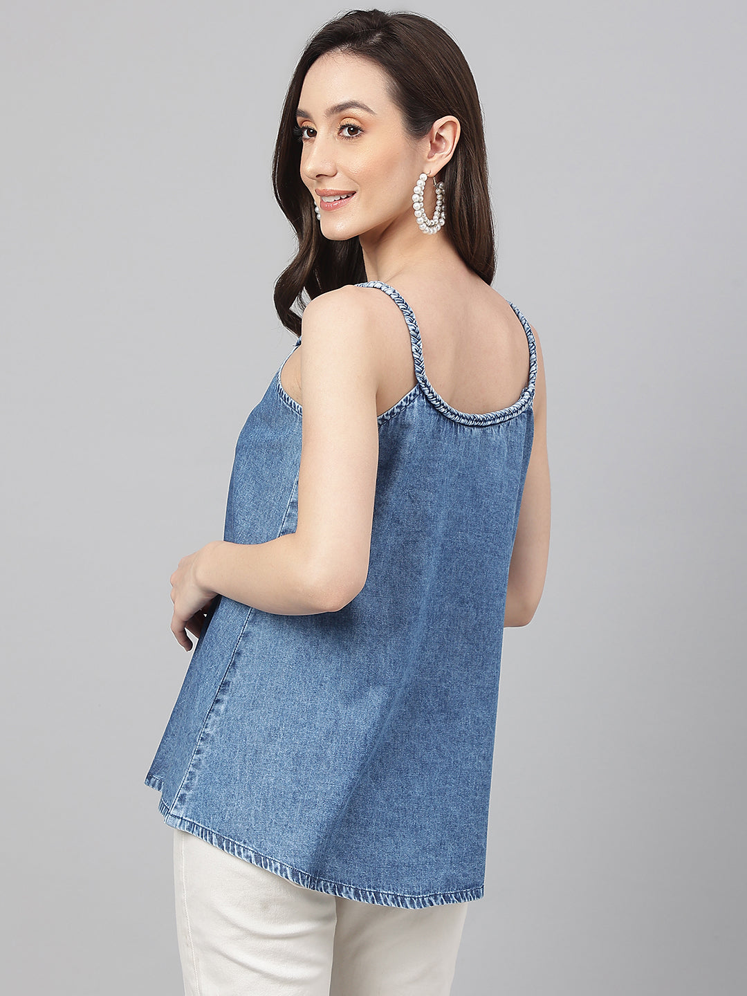 Janasya Women's Blue Denim Solid Regular Top - Distacart