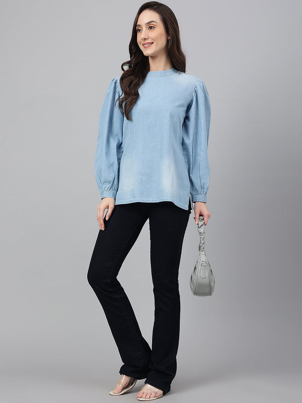 Janasya Women's Light Blue Denim Solid Regular Top - Distacart