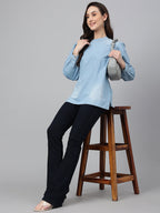 Janasya Women's Light Blue Denim Solid Regular Top - Distacart