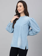 Janasya Women's Light Blue Denim Solid Regular Top - Distacart