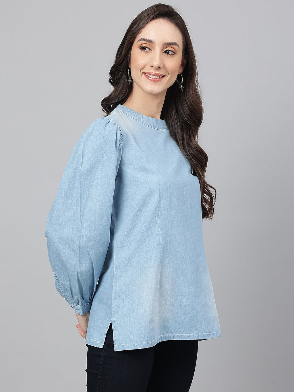 Janasya Women's Light Blue Denim Solid Regular Top - Distacart