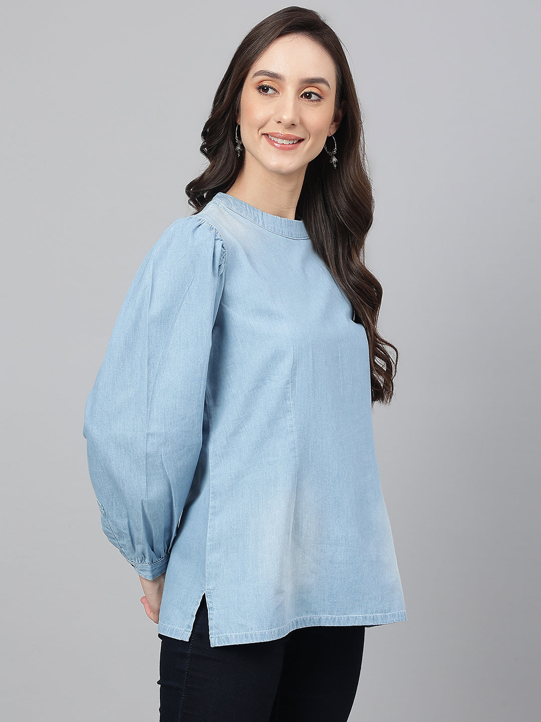 Janasya Women's Light Blue Denim Solid Regular Top - Distacart