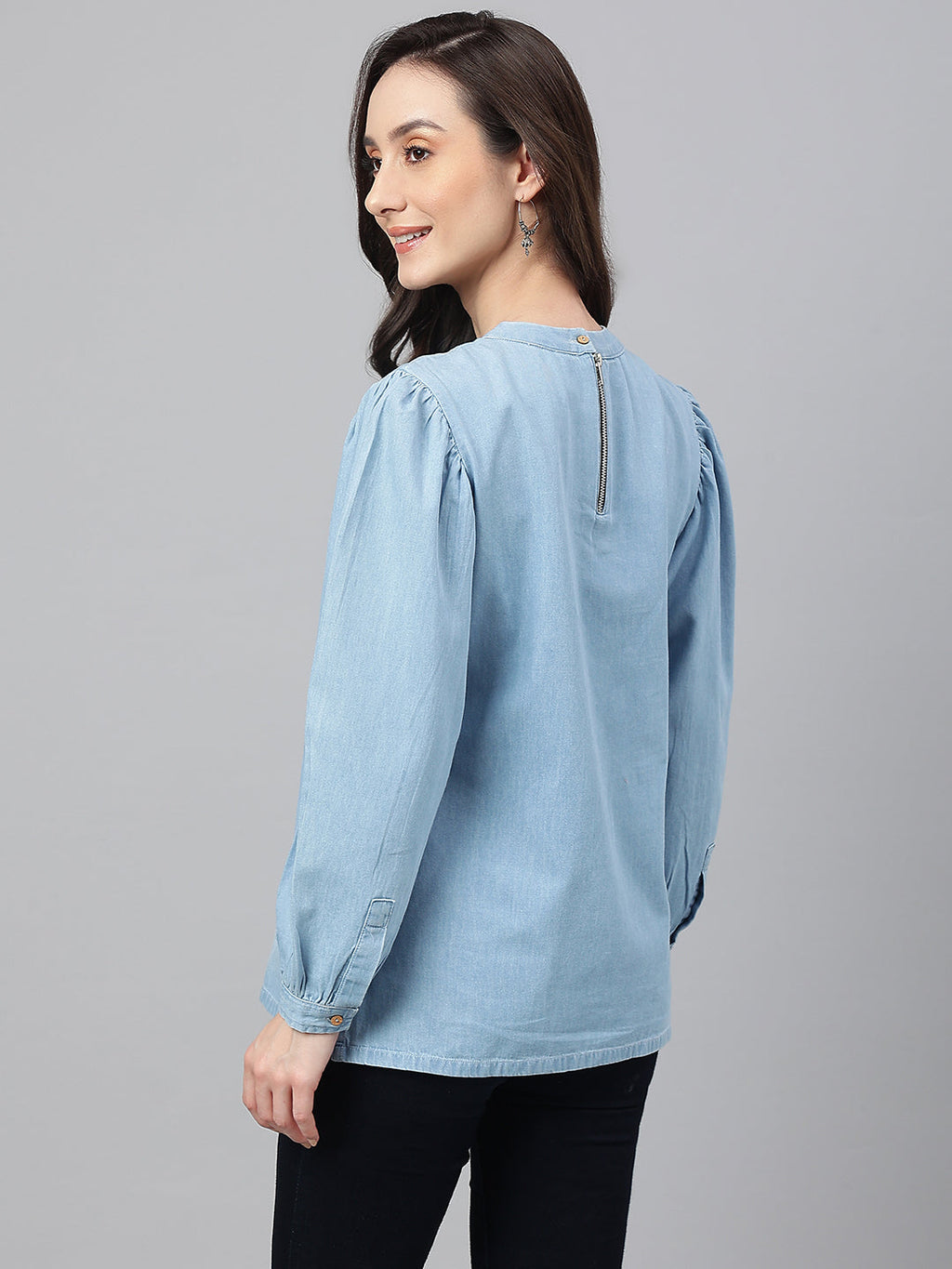 Janasya Women's Light Blue Denim Solid Regular Top - Distacart