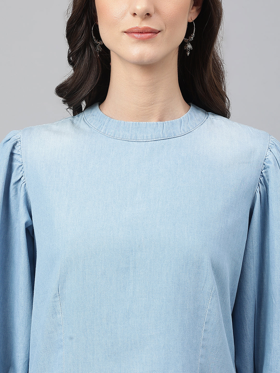 Janasya Women's Light Blue Denim Solid Regular Top - Distacart