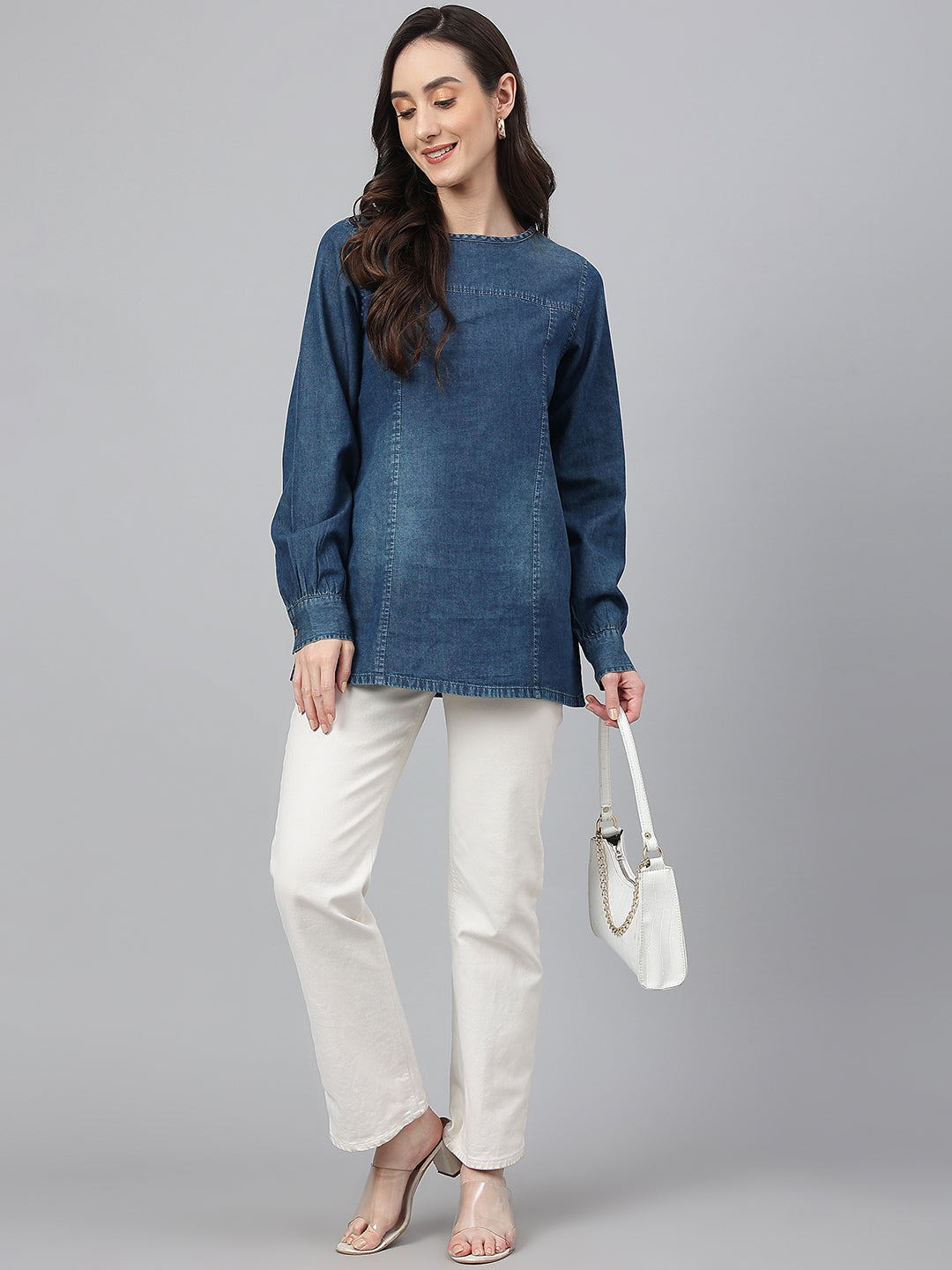 Janasya Women's Dark Blue Denim Solid Regular Top - Distacart