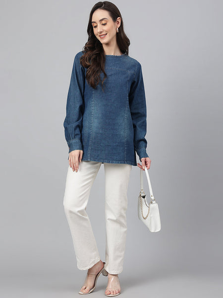Janasya Women's Dark Blue Denim Solid Regular Top