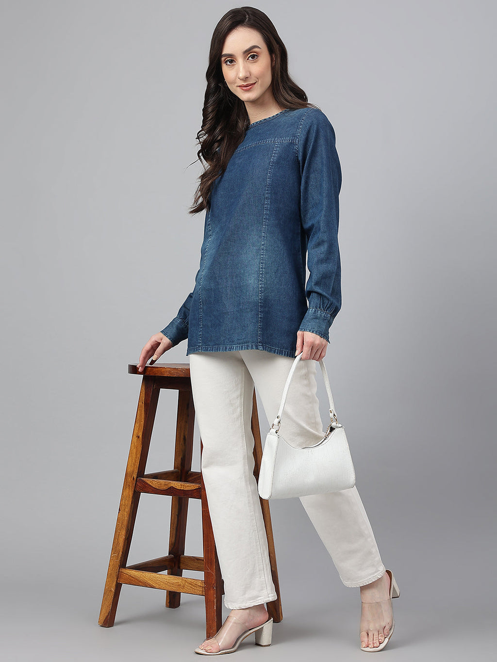 Janasya Women's Dark Blue Denim Solid Regular Top - Distacart