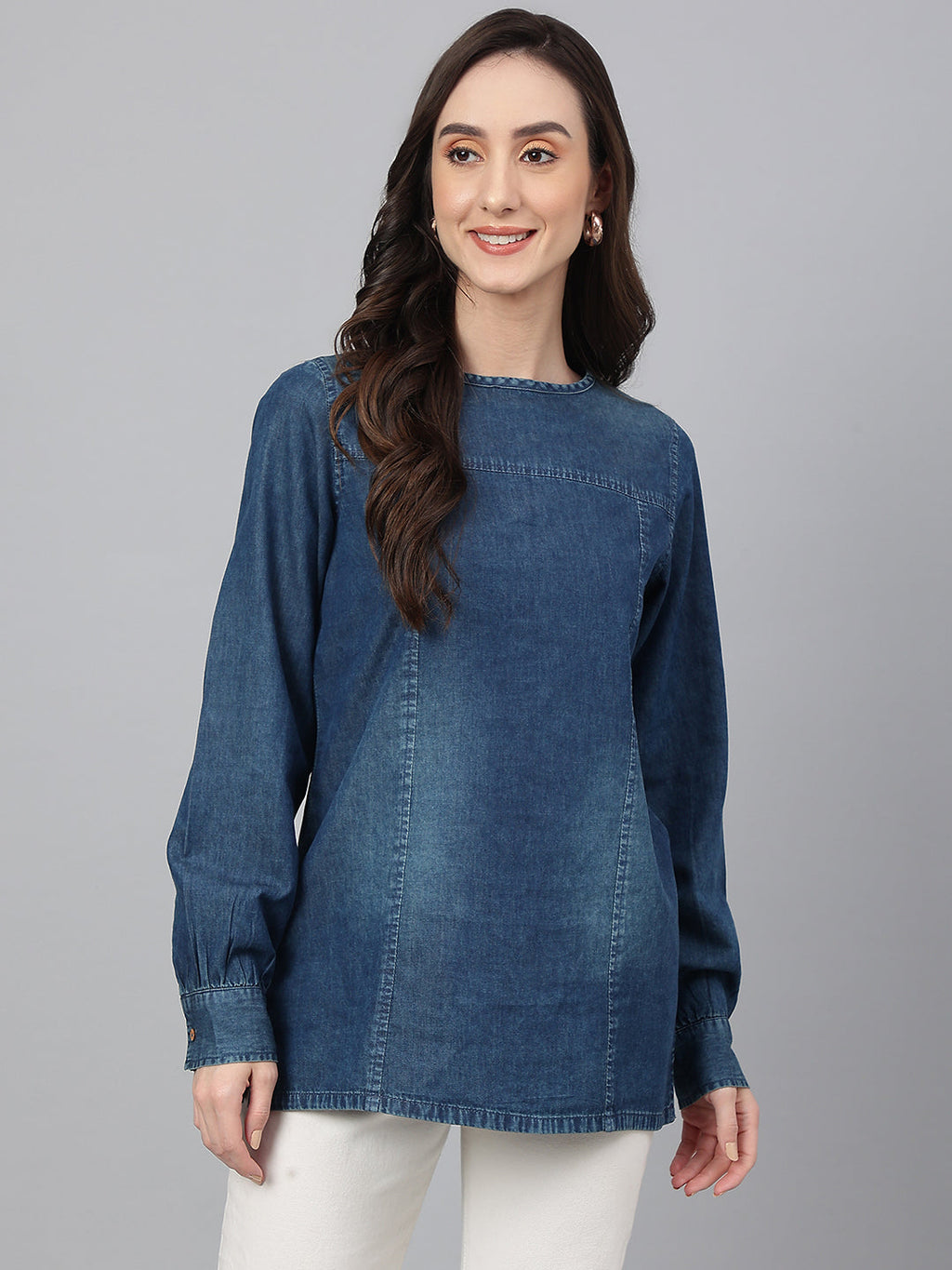 Janasya Women's Dark Blue Denim Solid Regular Top - Distacart