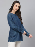 Janasya Women's Dark Blue Denim Solid Regular Top - Distacart