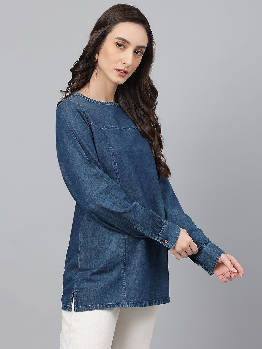 Janasya Women's Dark Blue Denim Solid Regular Top - Distacart