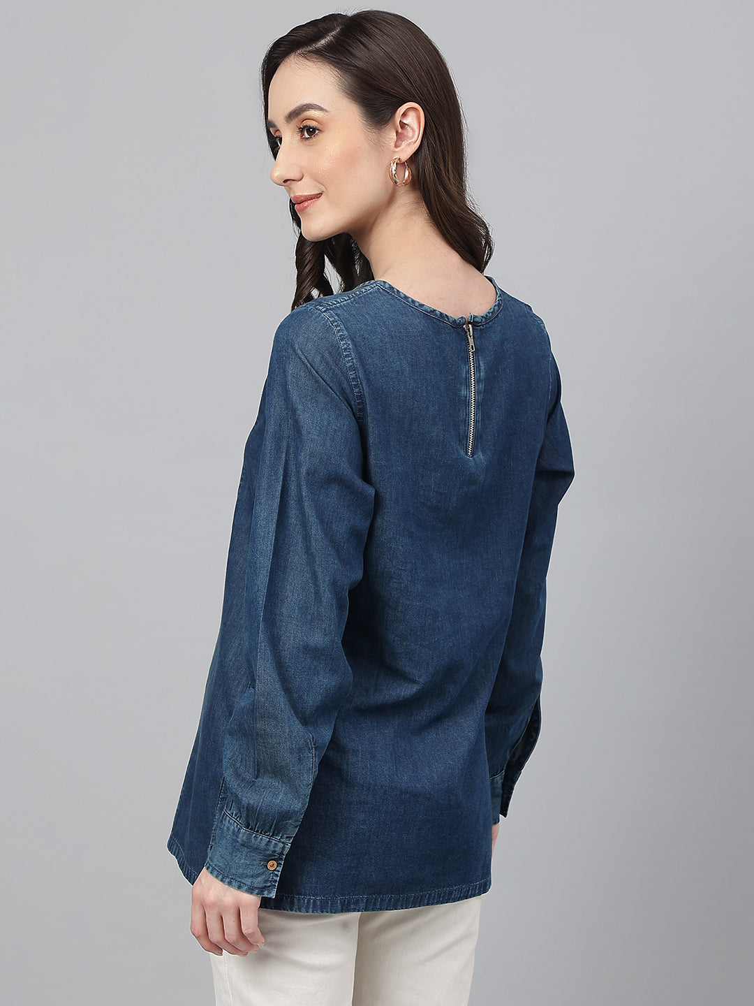 Janasya Women's Dark Blue Denim Solid Regular Top - Distacart
