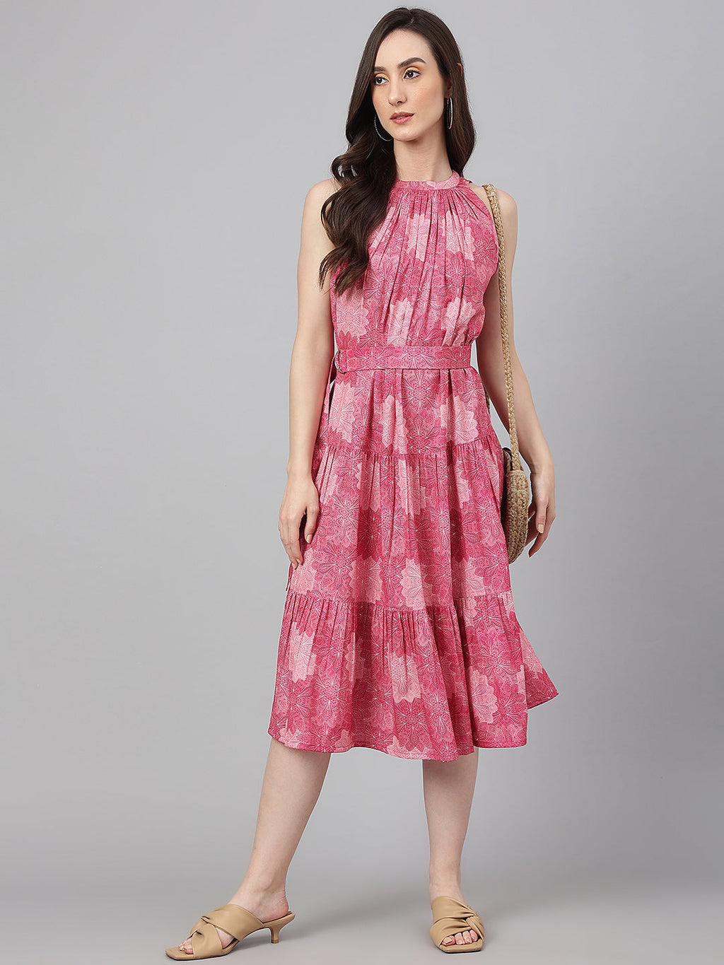 Janasya Women's Pink Crepe Digital Printed Tiered Western Dress - Distacart