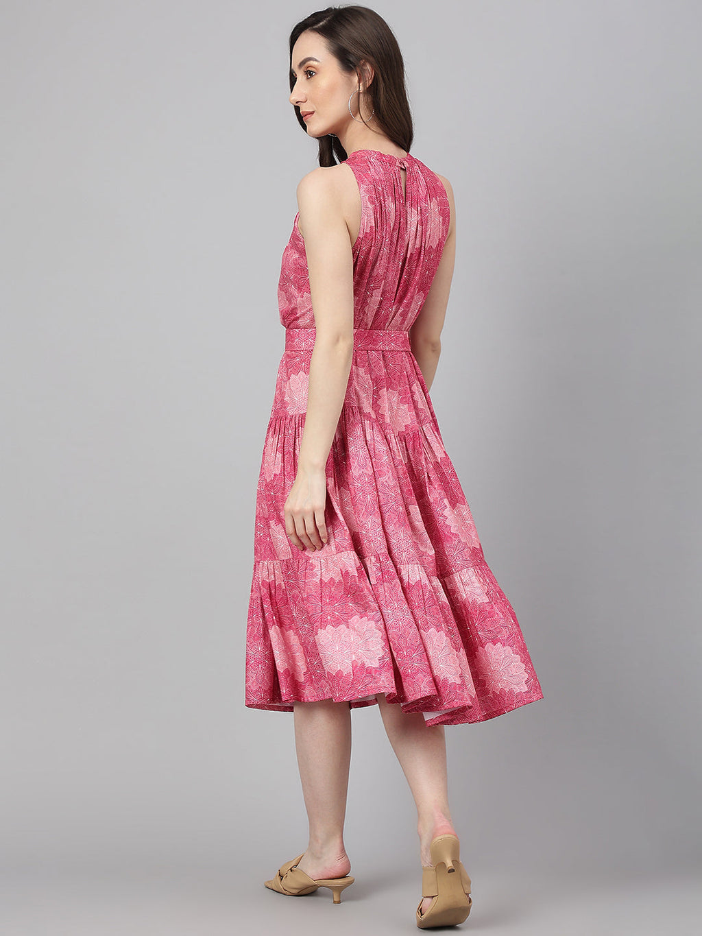 Janasya Women's Pink Crepe Digital Printed Tiered Western Dress - Distacart