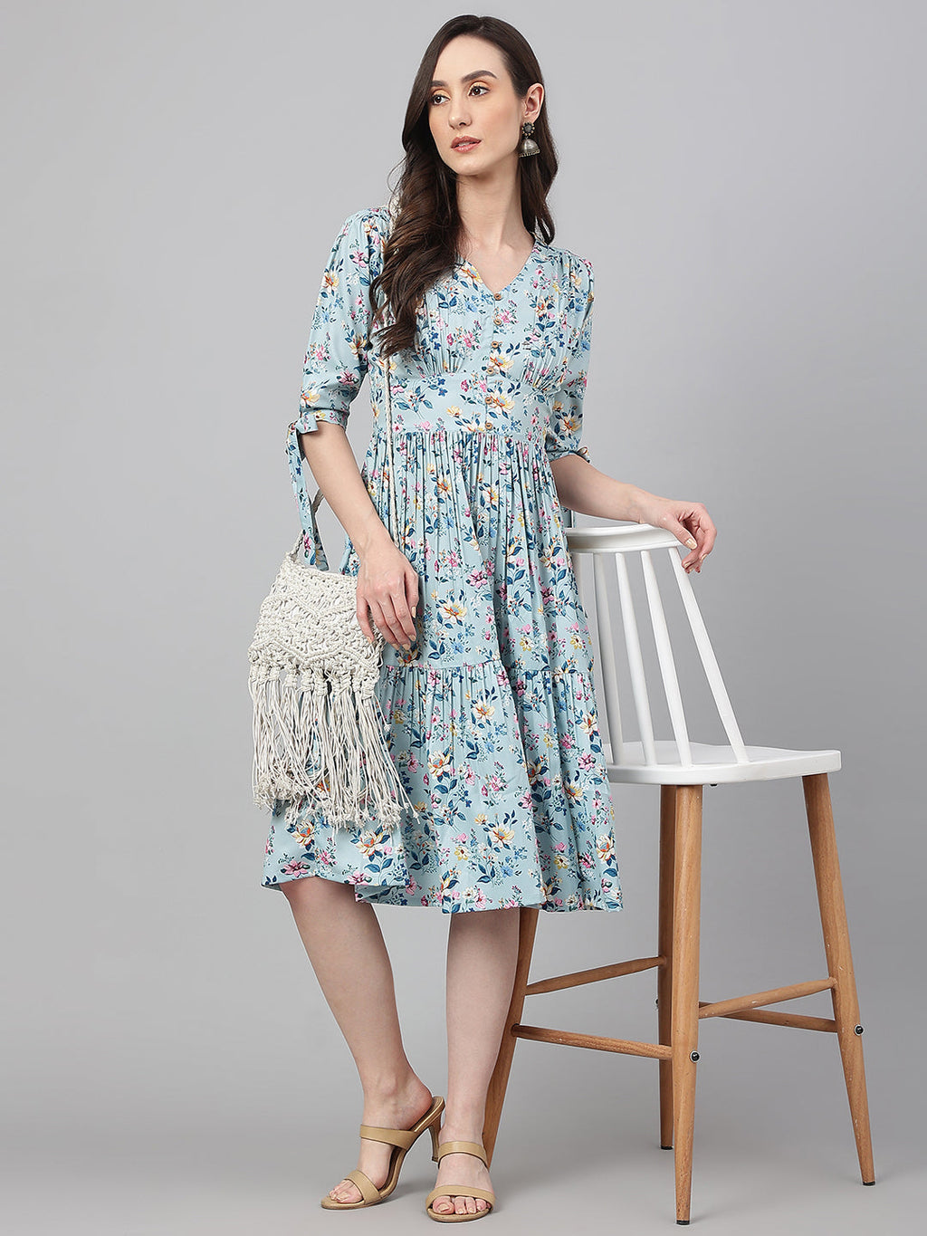 Janasya Women's Blue Crepe Digital Printed Flared Western Dress - Distacart