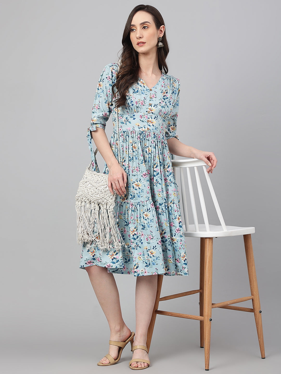Janasya Women's Blue Crepe Digital Printed Flared Western Dress - Distacart