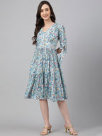 Janasya Women's Blue Crepe Digital Printed Flared Western Dress - Distacart