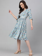 Janasya Women's Blue Crepe Digital Printed Flared Western Dress - Distacart