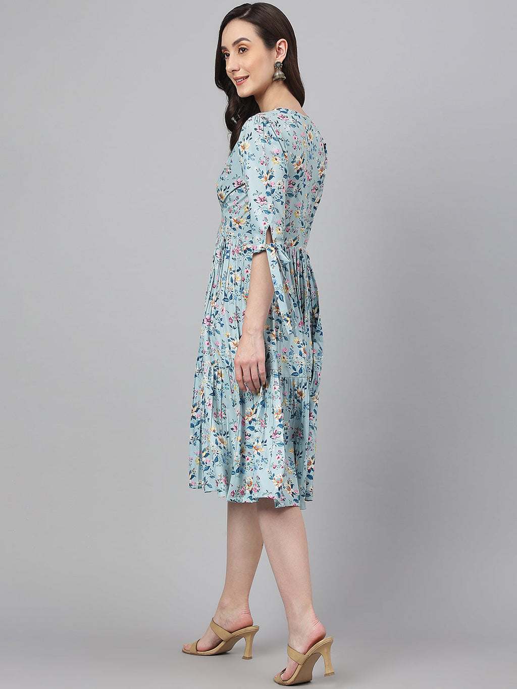 Janasya Women's Blue Crepe Digital Printed Flared Western Dress - Distacart