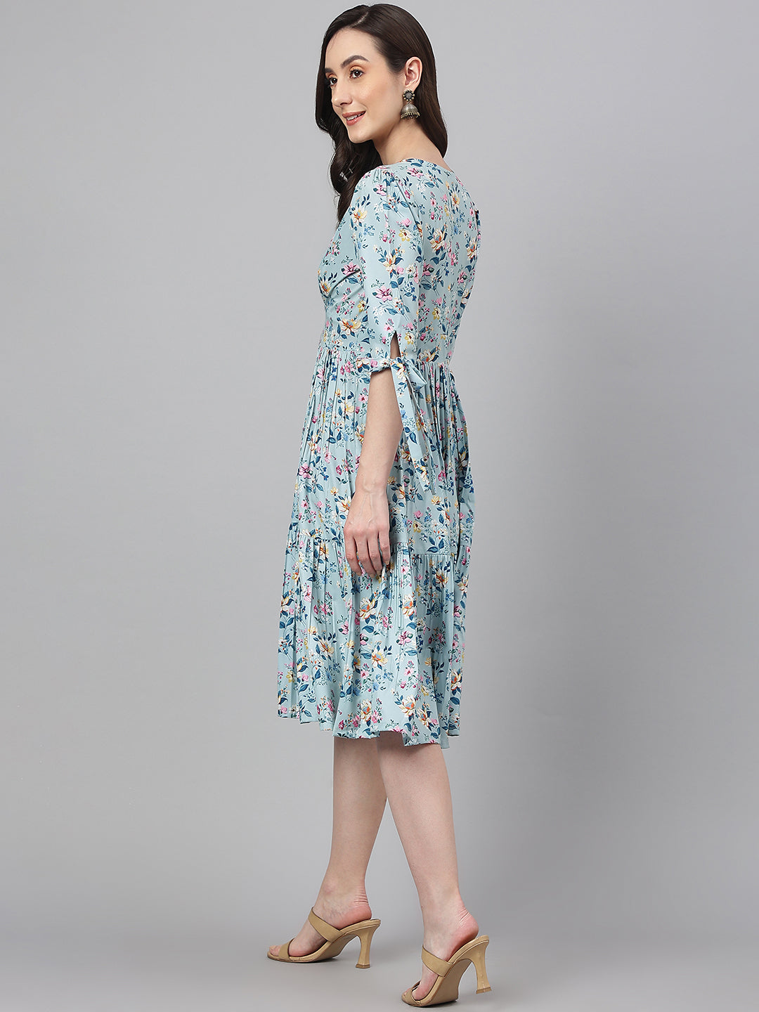 Janasya Women's Blue Crepe Digital Printed Flared Western Dress - Distacart