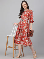 Janasya Women's Rust Crepe Digital Printed Flared Western Dress - Distacart