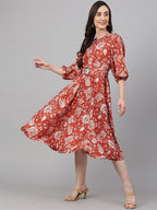 Janasya Women's Rust Crepe Digital Printed Flared Western Dress - Distacart