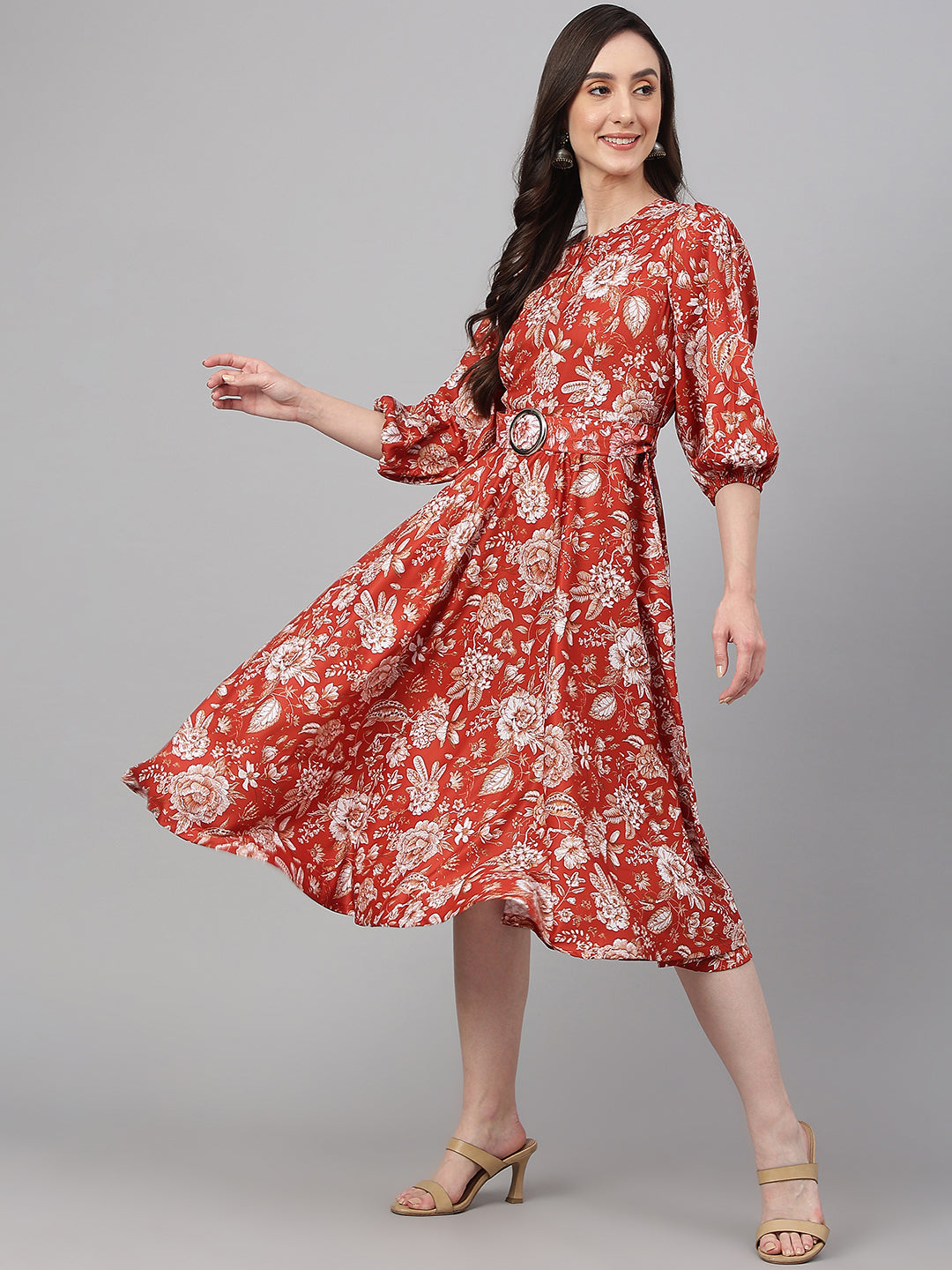 Janasya Women's Rust Crepe Digital Printed Flared Western Dress - Distacart