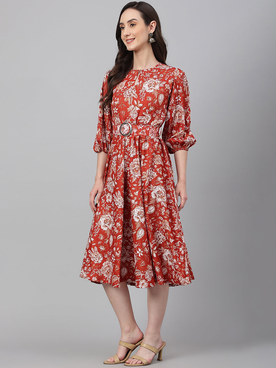 Janasya Women's Rust Crepe Digital Printed Flared Western Dress - Distacart