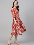 Janasya Women's Rust Crepe Digital Printed Flared Western Dress - Distacart