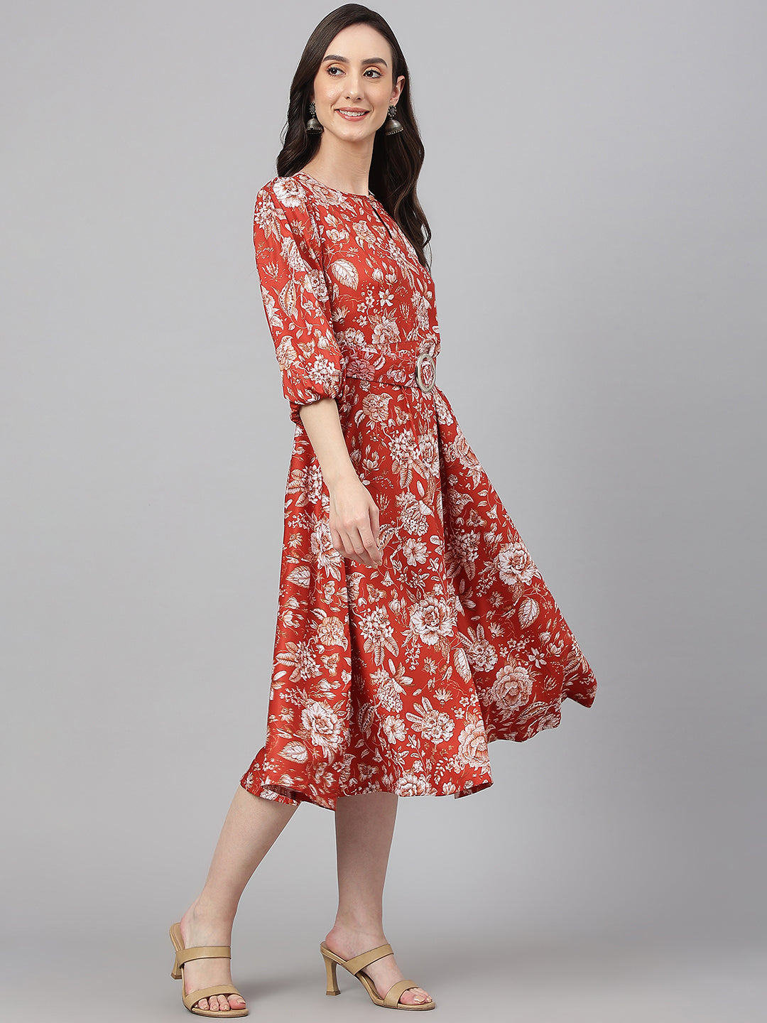Janasya Women's Rust Crepe Digital Printed Flared Western Dress - Distacart