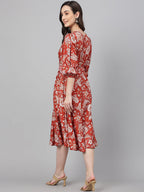 Janasya Women's Rust Crepe Digital Printed Flared Western Dress - Distacart