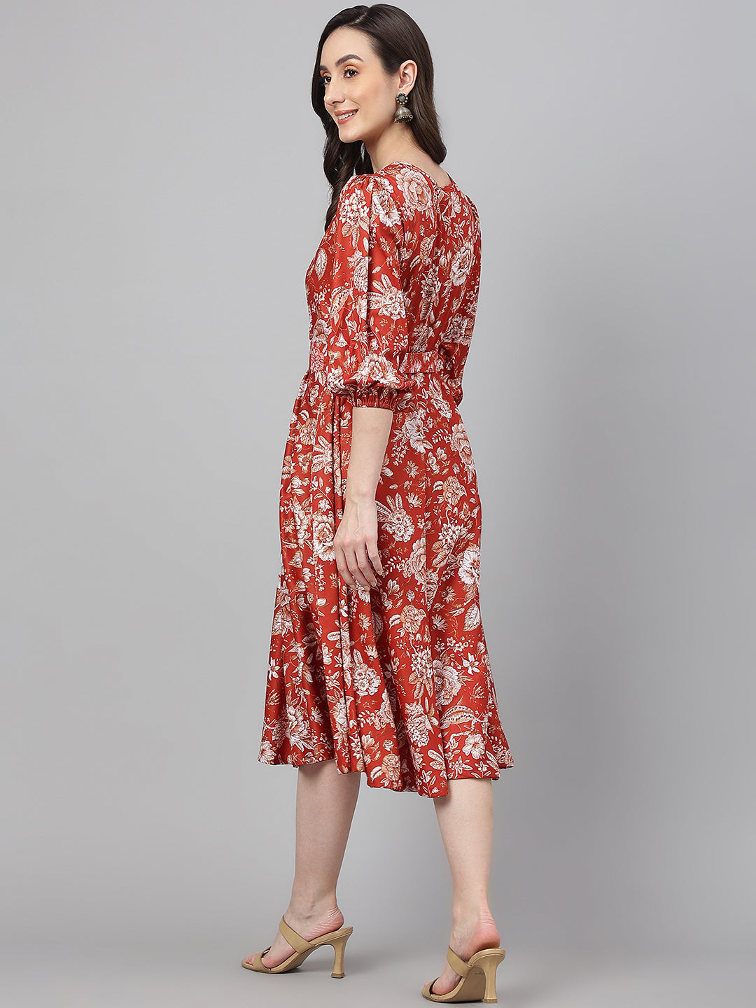 Janasya Women's Rust Crepe Digital Printed Flared Western Dress - Distacart