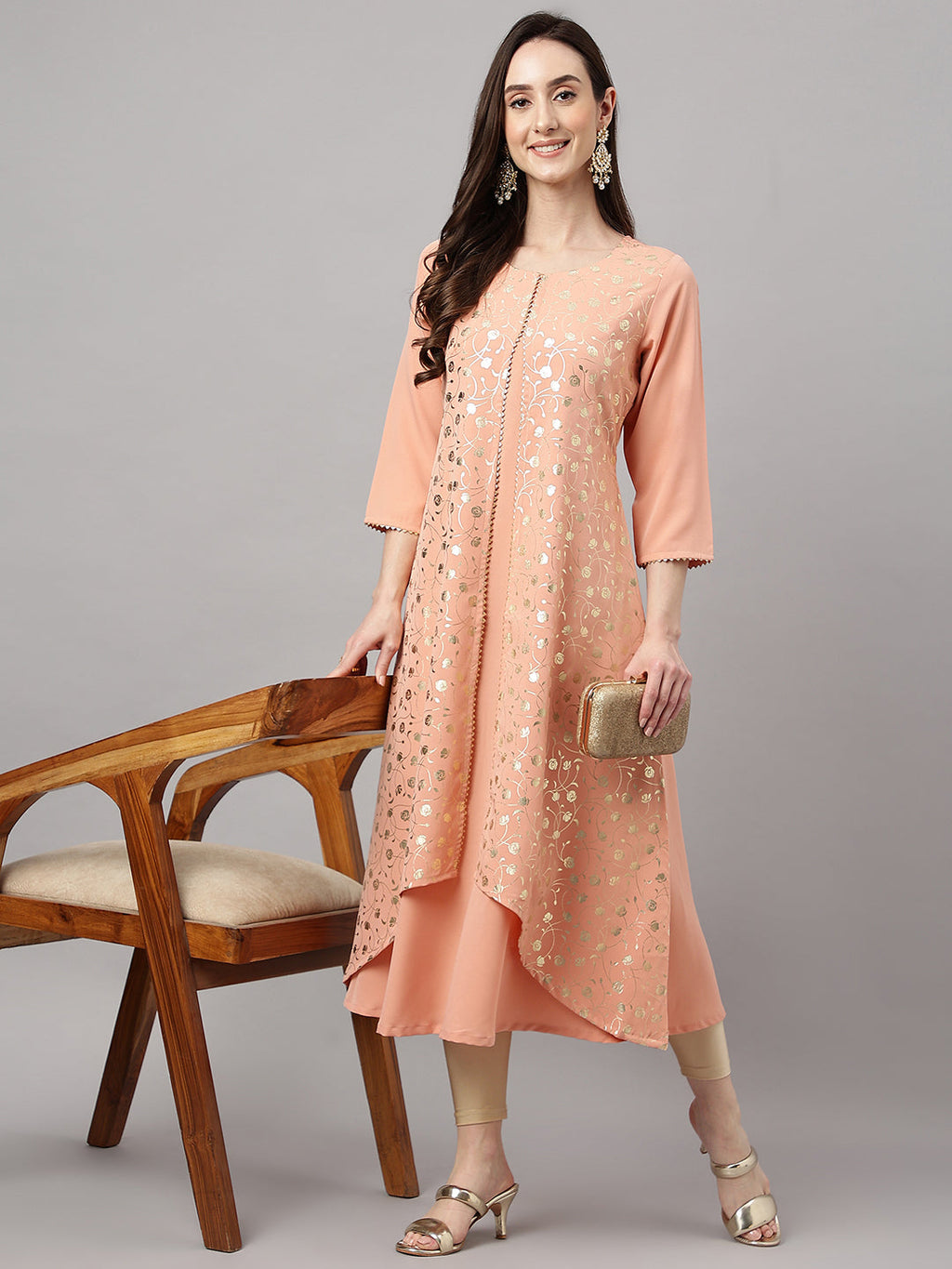 Janasya Women's Peach Crepe Foil Printed Casual Frontslit Kurta