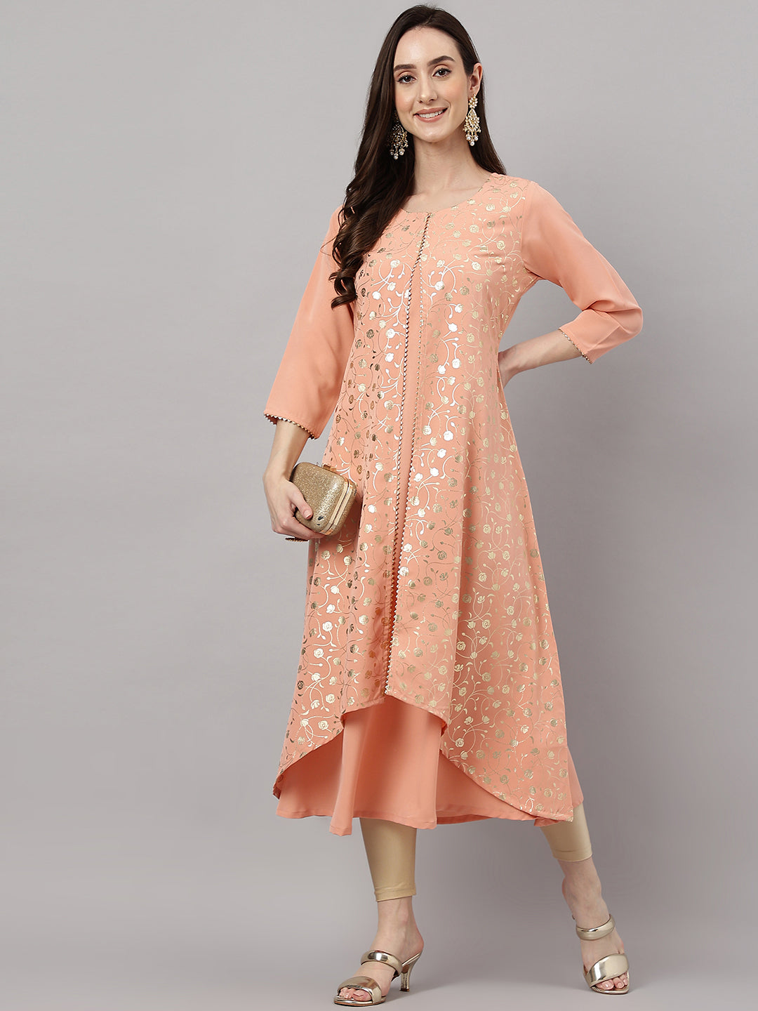 Janasya Women's Peach Crepe Foil Printed Casual Frontslit Kurta