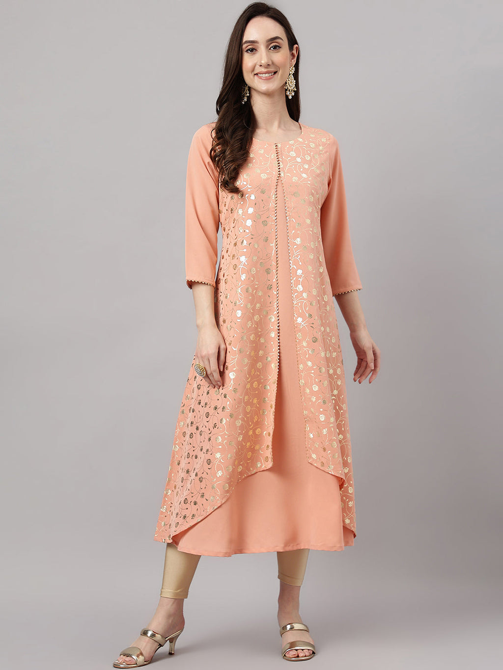 Janasya Women's Peach Crepe Foil Printed Casual Frontslit Kurta