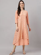 Janasya Women's Peach Crepe Foil Printed Casual Frontslit Kurta
